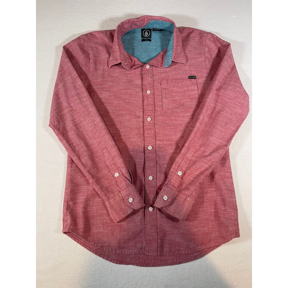 Volcom Mens Long Sleeve Button Down Shirt Red Heathered Size Medium Classic Fit